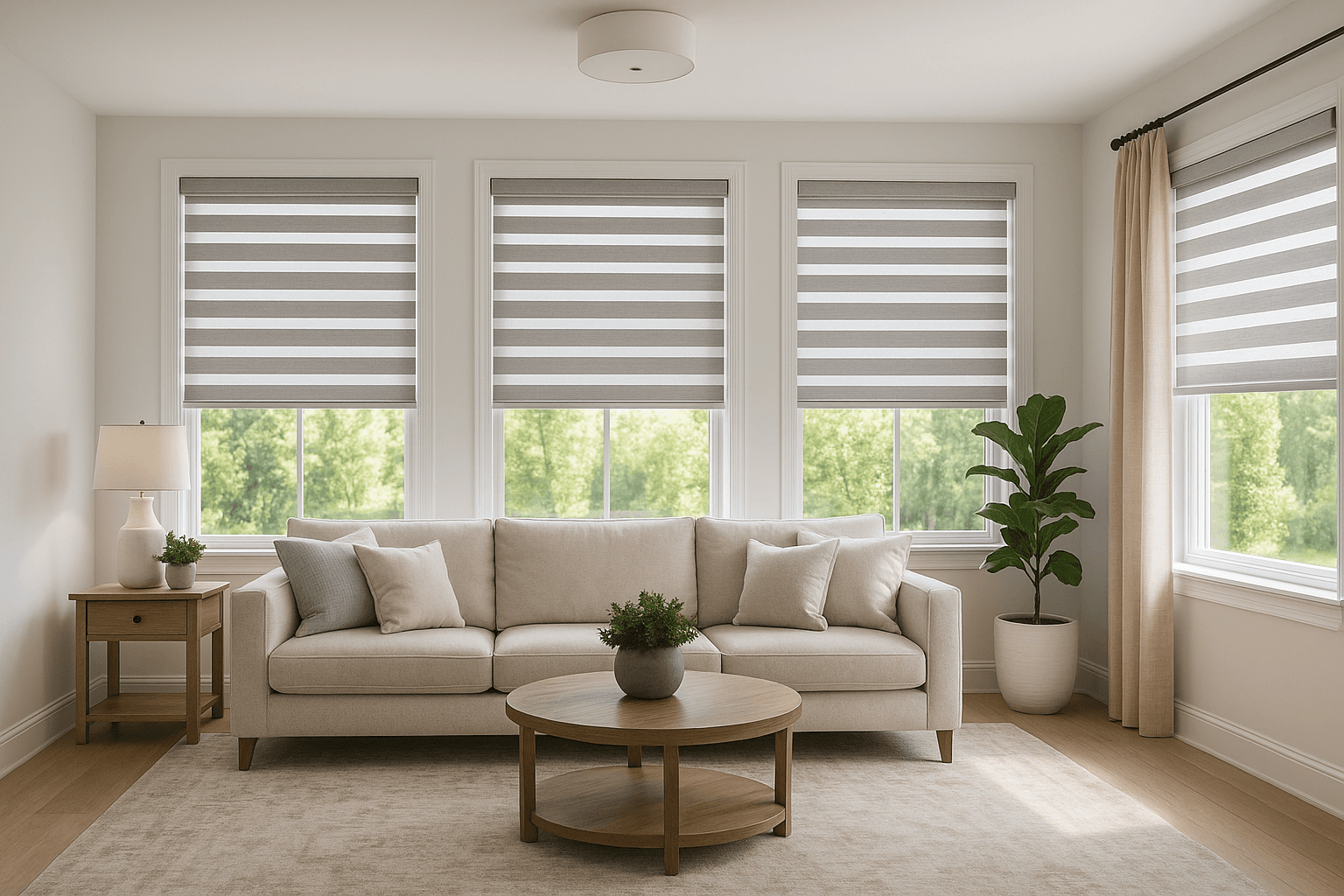 Beautiful living room with custom blinds
