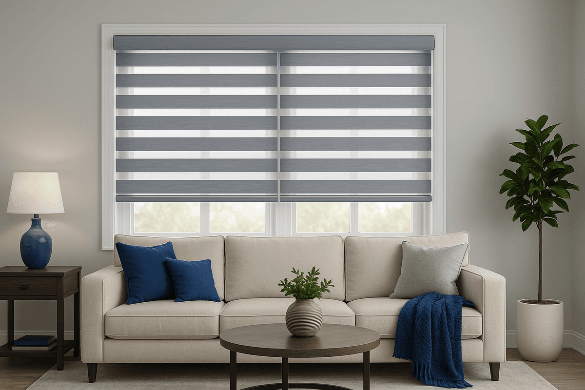 Modern zebra shades with alternating fabric stripes for light control and privacy